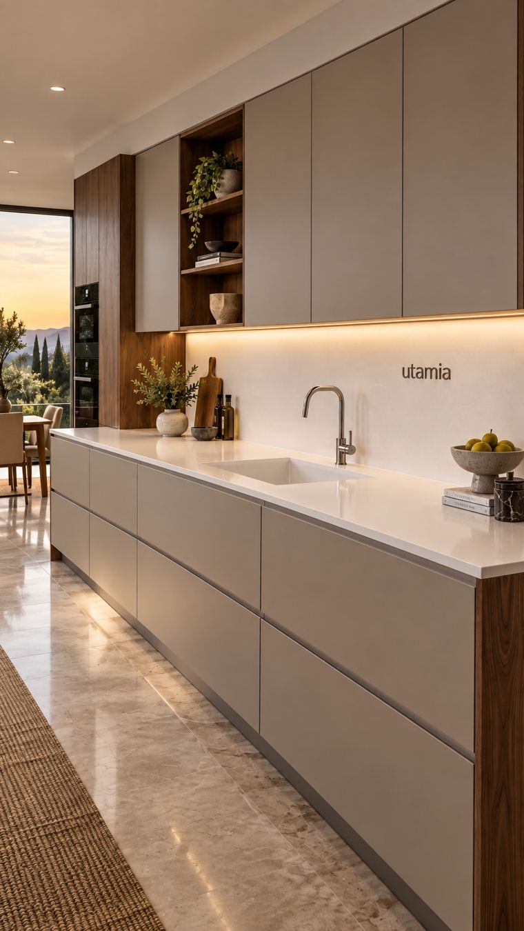Cuisine taupe, Corian et noyer
