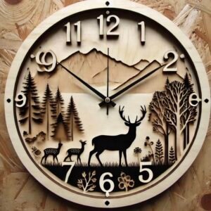 Horloge Murale en Bois – Forêt et Cerfs | Décoration Artisanale