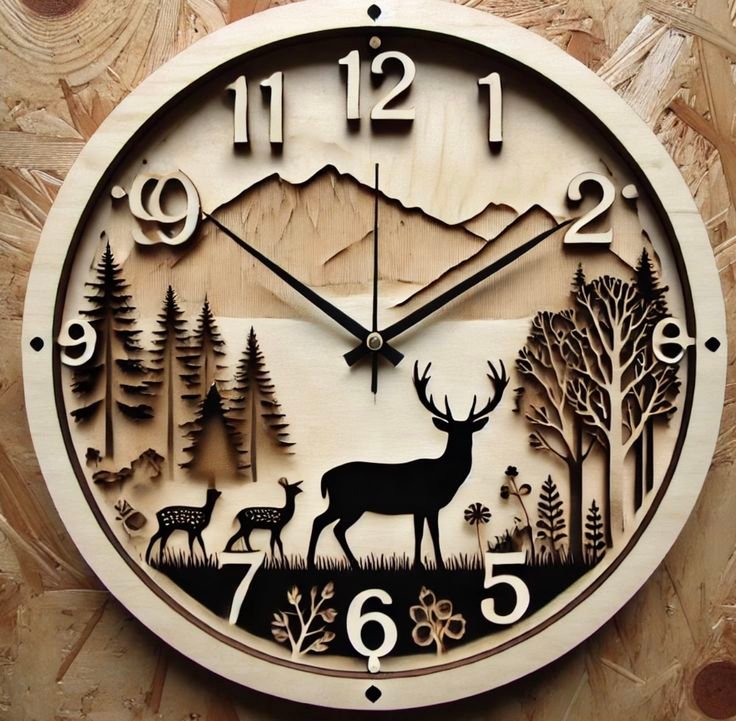 Horloge Murale en Bois – Forêt et Cerfs | Décoration Artisanale